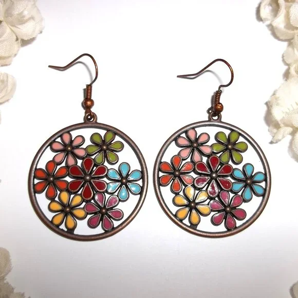 Copper Multicolored Flower Earrings Statement Jewelry Big Large Earring C875 - Picture 1 of 4